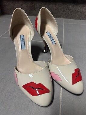 Prada Cream Patent D'Orsay Pumps with Red & Pink Lip Appliqués